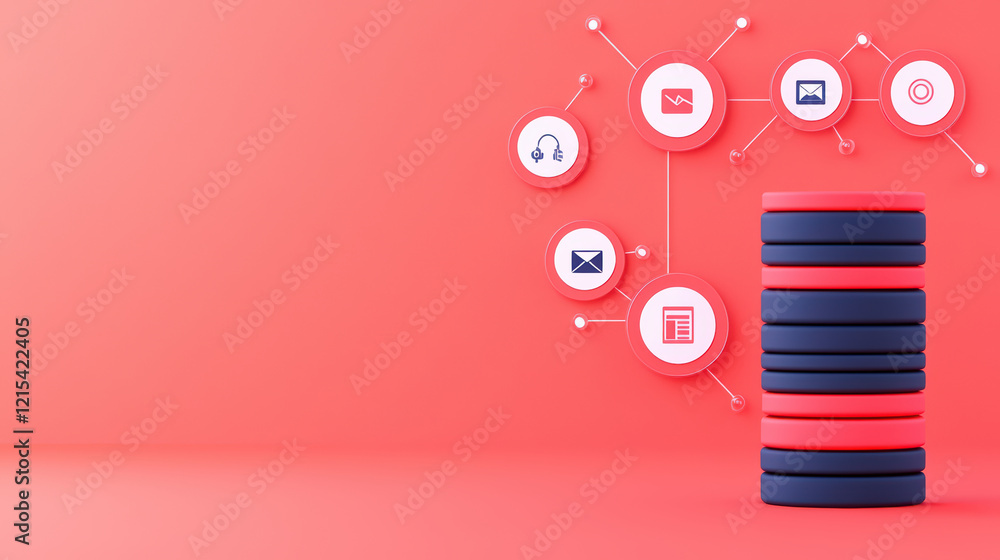Poster stacked disks with icons representing communication and data