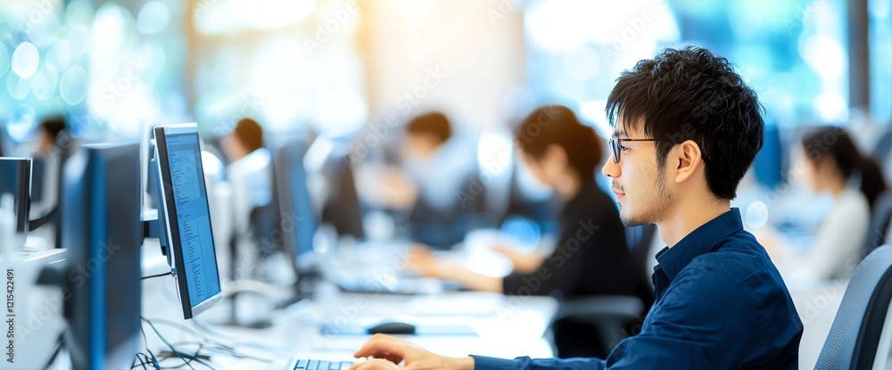 Poster professional setting featuring a focused individual working at a computer, with colleagues in the ba