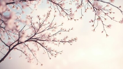 Ethereal cherry tree branches reaching towards a pastel misty sky, beautiful, soft, ethereal