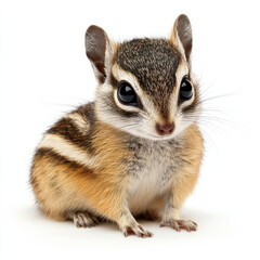 Fototapeta premium Adorable baby chipmunk, large eyes, fluffy fur, white background.