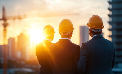 Three construction professionals wearing hard hats look at a sunset behind a city skyline, highlighting teamwork and project development in urban construction.