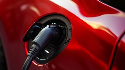 Close-up of a red electric car charging with a sleek design