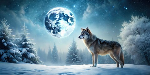 Faux fur wolf in a forest landscape with snow-covered trees and a full moon in the sky, fauna, forest