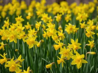 Fototapeta premium Field of bright yellow daffodil flowers swaying gently in the breeze, sunshine, sunlight, blossoms