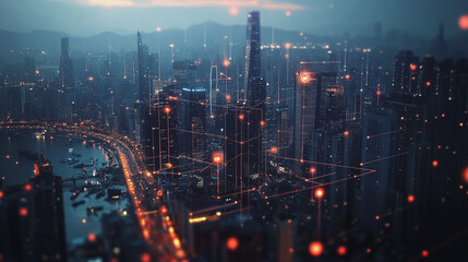 Fototapeta premium Smart digital Innovation city with connection network reciprocity over the twilight cityscape. of future smart wireless digital city and social media networking systems that connects people with city