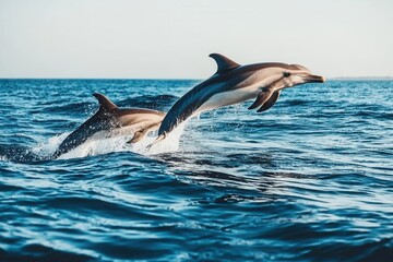 Obraz premium pod of dolphins leaping gracefully out of sparkling ocean waves in Byron Bay. 