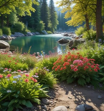 Flowers and leaves in a Bavarian alpine garden near the Isar River, flower, riverbank
