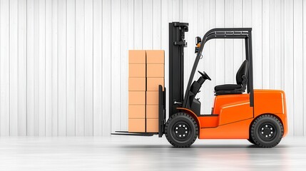 Orange Forklift Lifting Wooden Boxes In Spacious Industrial Warehouse Setting