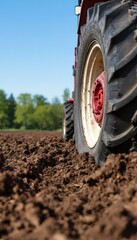 Tractor tire plowing fresh soil in a farm field. Agricultural machinery in action. Farming, harvest season, rural landscape. Suitable for banners, posters, and farming-related promotions.