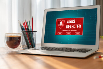 Virus warning alert on computer screen detected modish cyber threat , hacker, computer virus and...