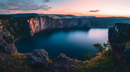 Serene lake surrounded by rugged mountain cliffs at sunset