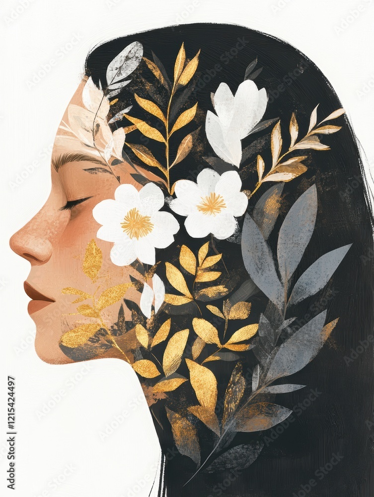 Wall mural Portrait of a woman with floral elements intertwined in her hair, showcasing nature's beauty and elegance