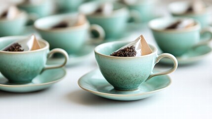 Fototapeta premium A charming set of petite tosca green teacups, each filled with fragrant spice tea bags.