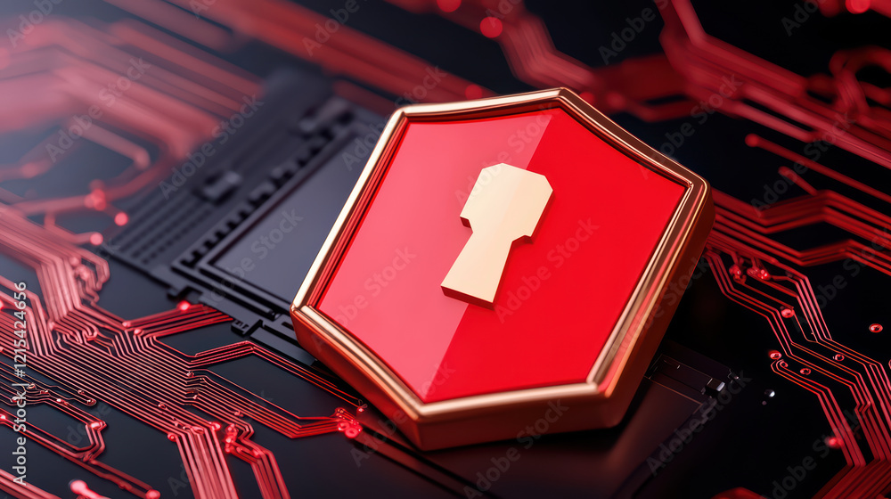 Poster secure shield symbol on circuit board, representing cybersecurity