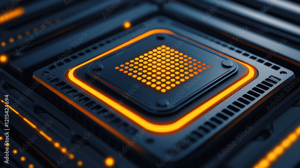 Poster high tech circuit board with glowing orange elements and patterns