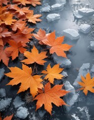 Frosty morning with bright orange maple leaves under a layer of ice on the ground , winter, frosty, landscape