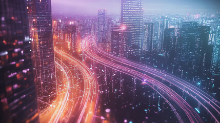 Fototapeta premium Smart digital Innovation city with connection network reciprocity over the twilight cityscape. of future smart wireless digital city and social media networking systems that connects people with city