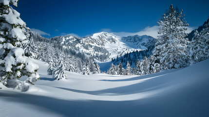 Snowy mountain landscape with deep blue sky and sharp details