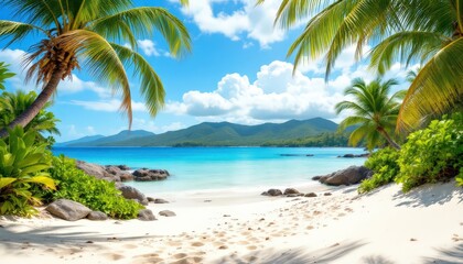 Tropical beach with palm trees and clear blue water. Paradise scene for summer vacation, travel brochures, and holiday promotions.