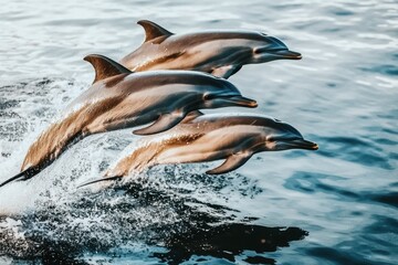 Fototapeta premium pod of dolphins leaping gracefully out of sparkling ocean waves in Byron Bay. 