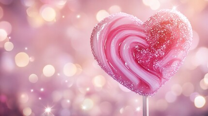 A pink heart-shaped lollipop with a sparkly border on a bokeh background