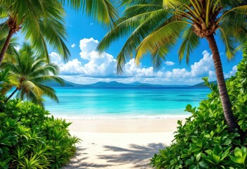 Tropical beach with palm trees and clear blue water. Paradise scene for summer vacation, travel brochures, and holiday promotions.
