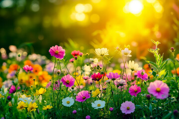 A field of colorful flowers with the sun setting in the background