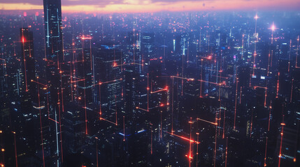 Fototapeta premium Smart digital Innovation city with connection network reciprocity over the twilight cityscape. of future smart wireless digital city and social media networking systems that connects people with city