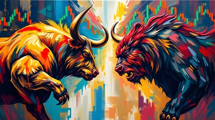 a dramatic bull and bear fight against a detailed background of candlestick charts.  The overall effect is high resolution and vibrant