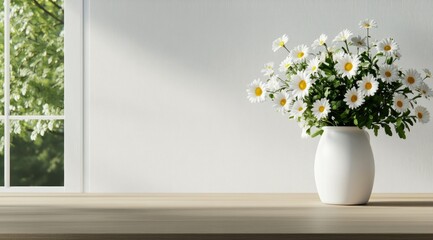 Fresh daisies in a white vase add brightness to a wooden table near a sunny window in a serene indoor setting