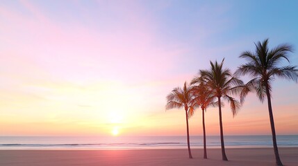 Fototapeta premium Serene beach at sunset with silhouetted palm trees against a vibrant sky, creating a peaceful and idyllic atmosphere.
