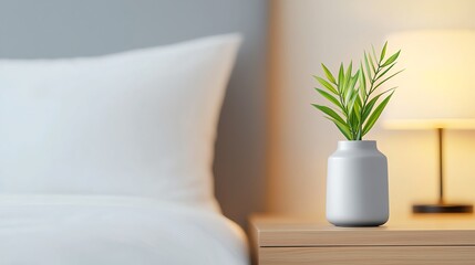 A cozy bedroom scene featuring a decorative plant in a modern vase beside a wooden nightstand, creating a serene and inviting atmosphere for relaxation.