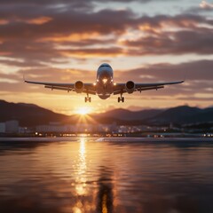 Naklejka premium Commercial airplane landing at sunset over water with scenic mountain background