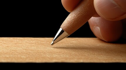Wooden ballpoint pen writing on smooth light-brown paper close-up