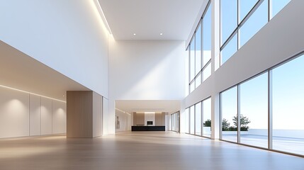 Obraz premium Spacious modern interior with large windows allowing natural light. Minimalist design emphasizing clean lines and open space, perfect for various applications.