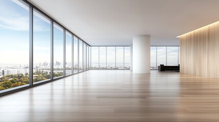 Modern, spacious interior with large windows offering a stunning view of the cityscape. Sleek hardwood floors and minimalistic design create an inviting atmosphere.