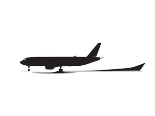 Black plane silhouette isolated on white background. A plane silhouette vector icon logo illustration on white background. 