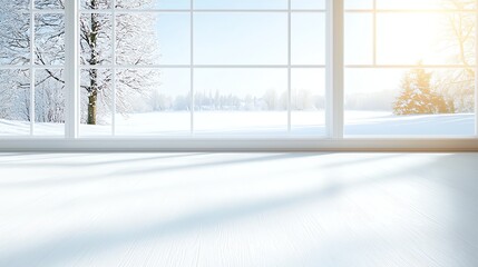 Naklejka premium Bright winter scene viewed through large windows. Snow-covered outdoors and soft sunlight create a serene, tranquil atmosphere inside. Ideal for winter decor and lifestyle themes.