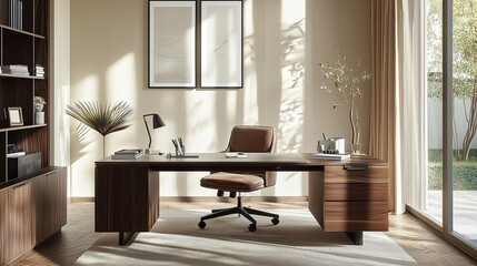 Minimalist home office setup featuring a sleek desk, comfortable chair, and lots natural light for an inspiring space