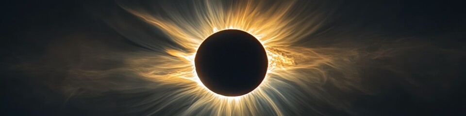 Naklejka premium A total solar eclipse shows the sun's glowing corona radiating golden light around the dark silhouette of the moon, creating a surreal and celestial phenomenon