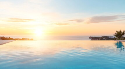 Fototapeta premium Breathtaking sunset view over a tranquil infinity pool, reflecting warm hues of orange and pink. Ideal for relaxation and vacation themes.