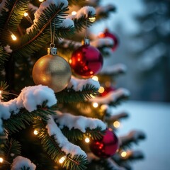 Snowy tree branch with Christmas wooden decorations and lights, Christmas Lights, Tree Branches