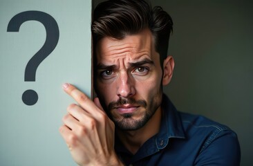 Portrait of man, peeking behind of interrogation symbol. Question mark, symbol. Pensive male. Man a question. Doubtful man holding Question Mark. Problems and solutions