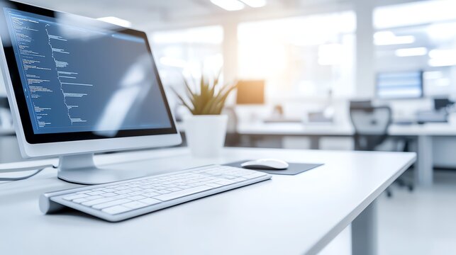 A modern office workspace featuring a computer setup with a keyboard, mouse, and a desk plant, all set against a bright and airy background.