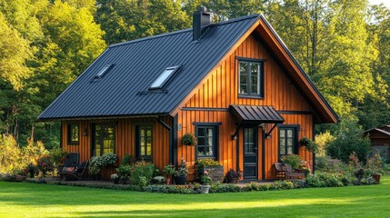Charming wooden house with dark roof in a green garden.