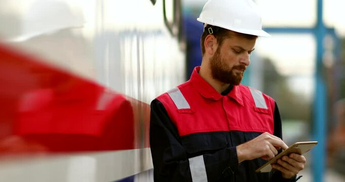 An engineer in a train maintenance area,wearing safety gear and using a tablet,This image highlights professionalism,technology,and efficiency,making it perfect for railway and industrial projects