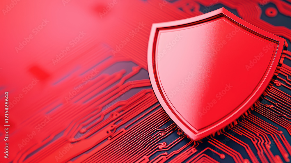 Aufkleber red shield symbolizing cybersecurity on circuit board background