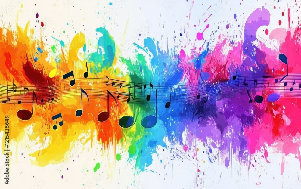 Poster a colorful background with musical notes and music staffs, representing the art of creating music in