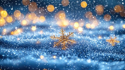 Golden Snowflake in Blue Glittery Winter Scene