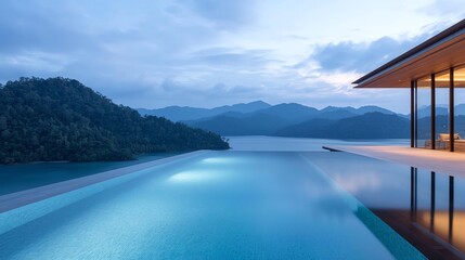Fototapeta premium Stunning modern pool with breathtaking mountain views at twilight, showcasing tranquility and luxury in a serene environment. Perfect for relaxation and holiday inspiration.
